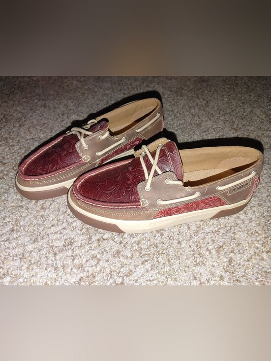 Durango Other - Durango Two-Tone Floral Embossed Tooled Leather Boat Shoes - Red Burgundy